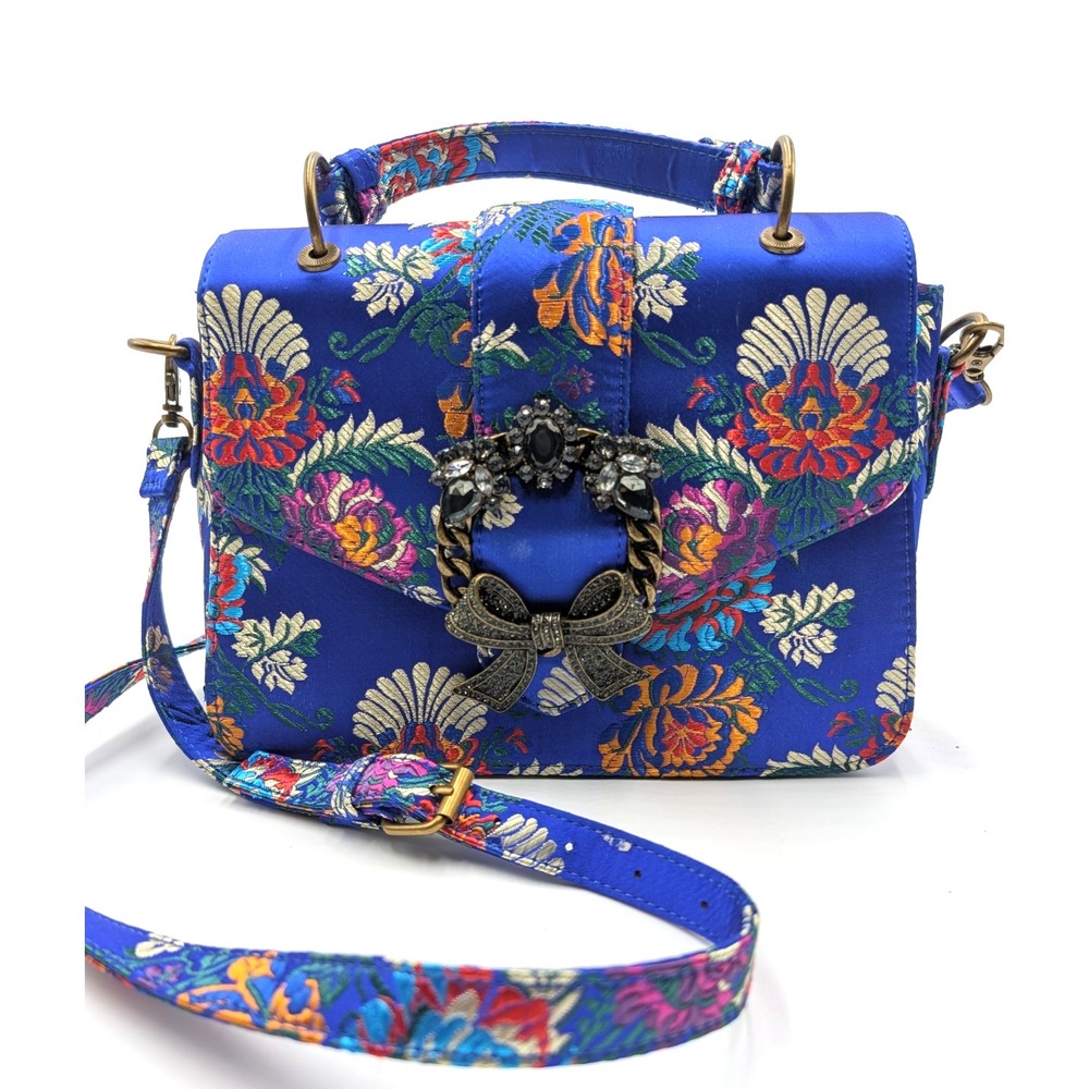 Aldo Satin Blue Floral Telawen Crossbody Bag - Crystal Bow Clasp Handbag